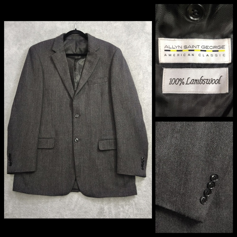 Allyn Saint George Jacket Blazer Mens 40L Gray Herringbone Tweed 100% Lambswool